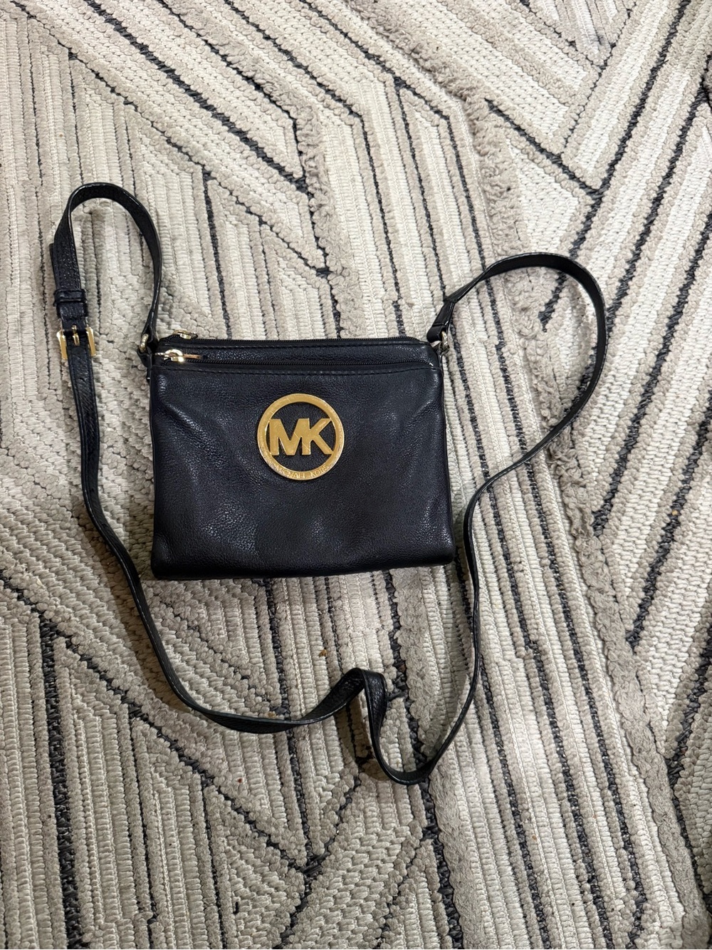 Michael Kors Black Leather Crossbody with Gold MK Medallion